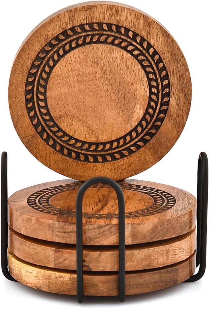 Nirman Coaster Set Iron & Acacia Wood Set of 4 with Iron Holder Stand Drink Protection Dcor from Water Marks or Damage (4" x 4" X 0.5")