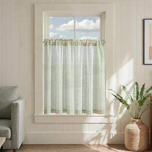jinchan Striped Linen Kitchen Curtains 36 Inches Length Tier Curtains Farmhouse Modern Cafe Style Small Window Treatments Airy Light Filtering Rod Pocket for Living Room Bathroom 2 Panels Sage Green