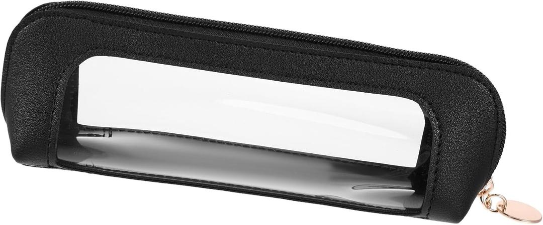 Psyqtsuary Clear Makeup Bag, PU Leather Mini Makeup Pouch Portable Makeup Brush Case Transparent Waterproof Cosmetic Organizer Pouch with Zipper for Women Home Travel Office Makeup Storage (Black)
