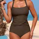 ZAFUL Women's Swimsuit Tankinis Tummy Control Bathing Suits 2 Piece Swimsuit Full Coverage Slimming Tankini Top with High Waisted Bottom Brown XL