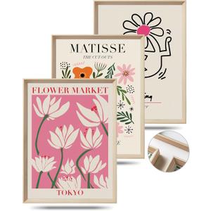 UPWOIGH 12x16 in Framed Wall Art, Abstract Henri Matisse Pink Flower Market Canvas Print, Minimalist Wood Wall Decor for Living Room and Bedroom, Set of 3, Gift