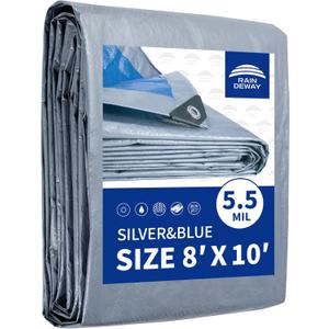 RAINDEWAY Tarps 8x10 Feet, 5.5 Mil - Multipurpose Waterproof Poly Tarp Cover with Metal Grommets and Reinforced Edges, Silver/Blue Tarp