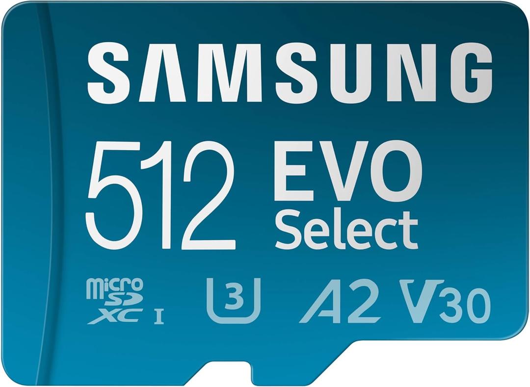 Samsung EVO Select microSDMemory Card + Adapter, 512GB microSDXC, Up-to 160 MB/s, 4K UHD, UHS-I, C10, U3, V30, A2, for Mobile Phone, Smartphones, Nintendo-Switch, and Tablets (MB-ME512SA/AM)