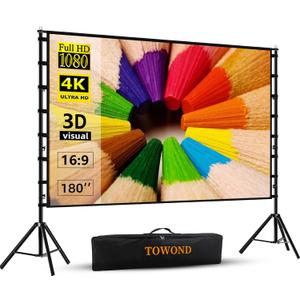 Projector Screen and Stand,TOWOND 180 inch Outdoor Projector Screen 15 FT Large Projection Screen, Portable 16:9 4K HD Rear Front Movie Screen with Carry Bag Wrinkle-Free Design for Backyard Theater