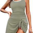 Zilcremo One Piece Swimdress Swimsuits for Women Tummy Control Swim Dresses Skirt Bathing Suit Color Block Ribbed Swimwear (X-Large, Greygreen)
