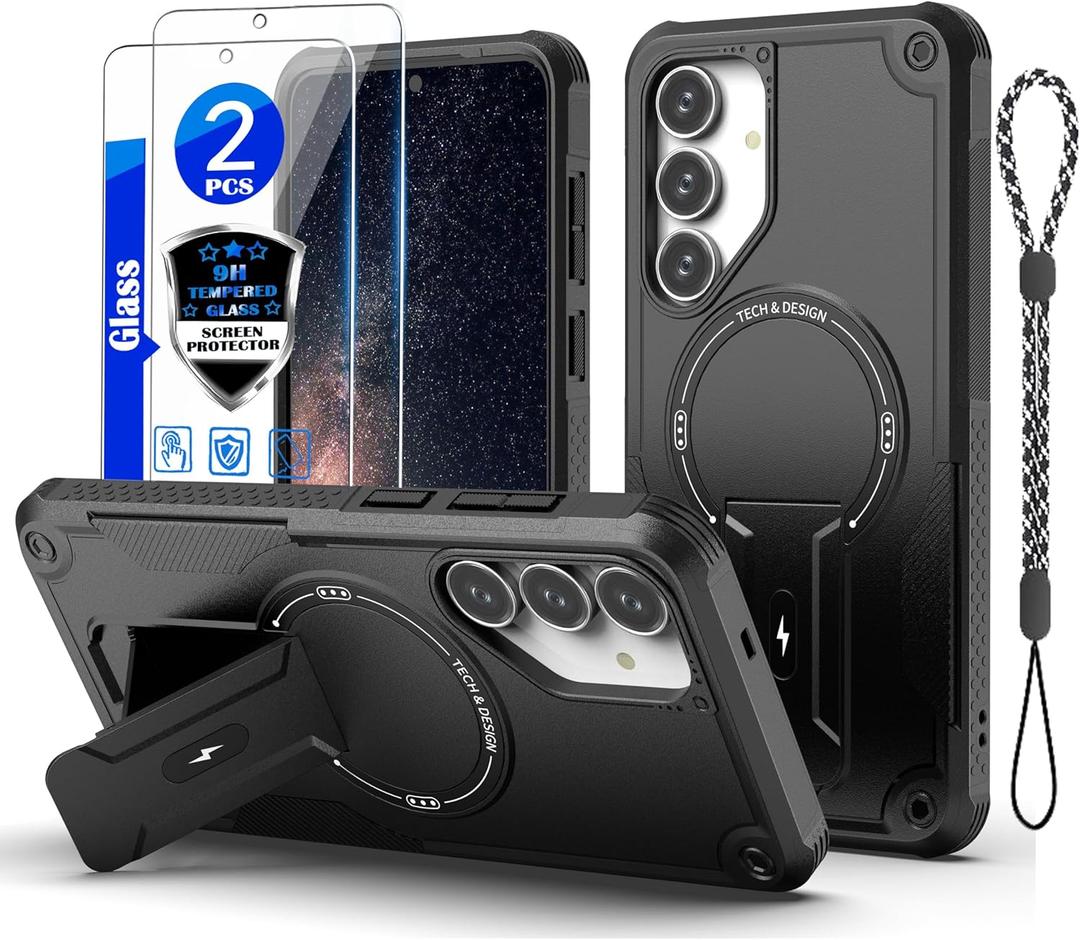 GuardCase for Samsung Galaxy S25 FE case[Compatible with MagSafe][with 2 * 9H Tempered Glass Screen Protector], Built in Invisible Stand, Not FadingShockproof Protective Phone Cover 6.7-inch(Black)