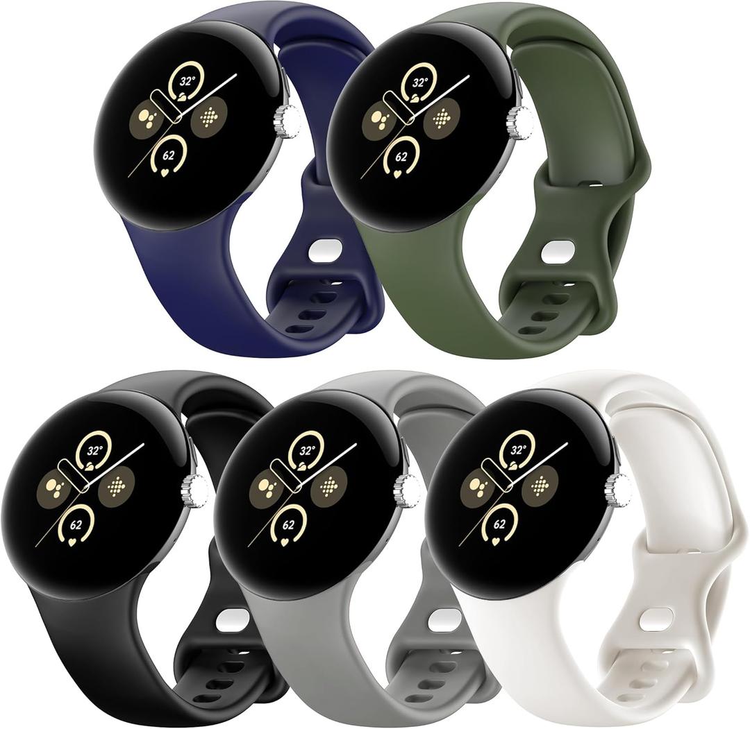 5 Pack Watch Bands Compatible with Google Pixel 2/Pixel 3/Pixel 4 41mm for Women Men,Soft Silicone Durable Sport Replacement Strap for Pixel Watch 41mm Smartwatch Accessories (black/white/blue/Field green/Blown grey)