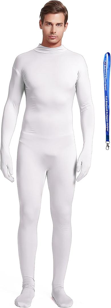 Full Bodysuit Include Zipper Helper Unisex Adult Costume Without Hood Spandex Stretch Zentai Unitard Body Suit (White), One Size