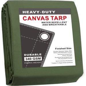 CARTMAN Finished Size 20x20 Feet Canvas Tarp with Rustproof Grommets, Heavy Duty Multipurpose Tarpaulin Cover for Canopy Tent, Roof, Camping, Woodpile (Olive Green)