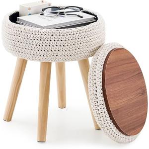 Round Foot Stool Ottoman with Storage Footrest with Wood Legs Cotton Knitted Vanity Stool Tray Top Coffee Table Multifunctional Upholstered Footstool for Living Room Bedroom White