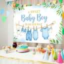 Blue Baby Shower Decorations for Boy, 7x5ft A Sweet Baby Boy is On His Way Backdrop, Clothesline Bunny Banner for Gender Reveal, Photo Booth Background, Baby Boy Shower Party Supplies