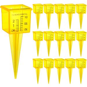 Okllen 15 Pack Rain Gauge, 1.5" Sprinkler Gauge with Wide Mouth, Outdoor Water Measuring Tool for Lawn, Garden, Yard, Bright Yellow, Transparent, Zero is 1/4" from The Bottom