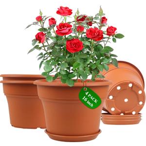 Pottiffe 16 inch Plastic-Flower-Pot-for-Indoor-Plants, 4 Pack Large Outdoor Planter Pot with Drainage Holes & Saucers, Resin Decorative Garden Pots Planters