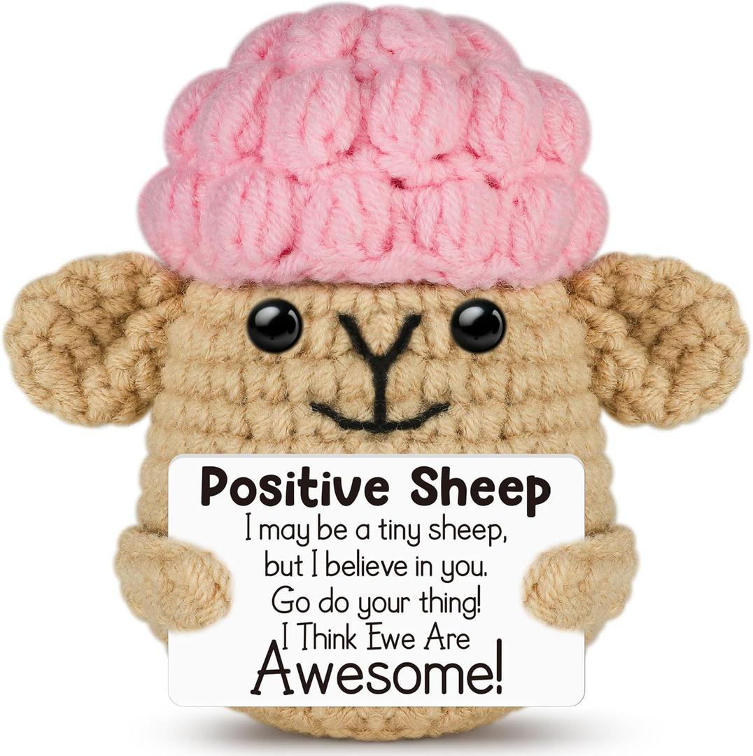 2 x Positive Crochet Sheep Christmas Birthday Gifts for Women Men Her Him, Funny White Elephant Stocking Stuffers Inspirational Gifts for Son Daughter Mom Dad Sister Friend Coworkers, Cute Animal Desk Decor