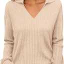 KIRUNDO Long Sleeve Shirts for Women 2025 Fall Fashion Outfits Going Out Tops Collar V Neck Blouses Ribbed Knit Loose Tunic (Small, Apricot)