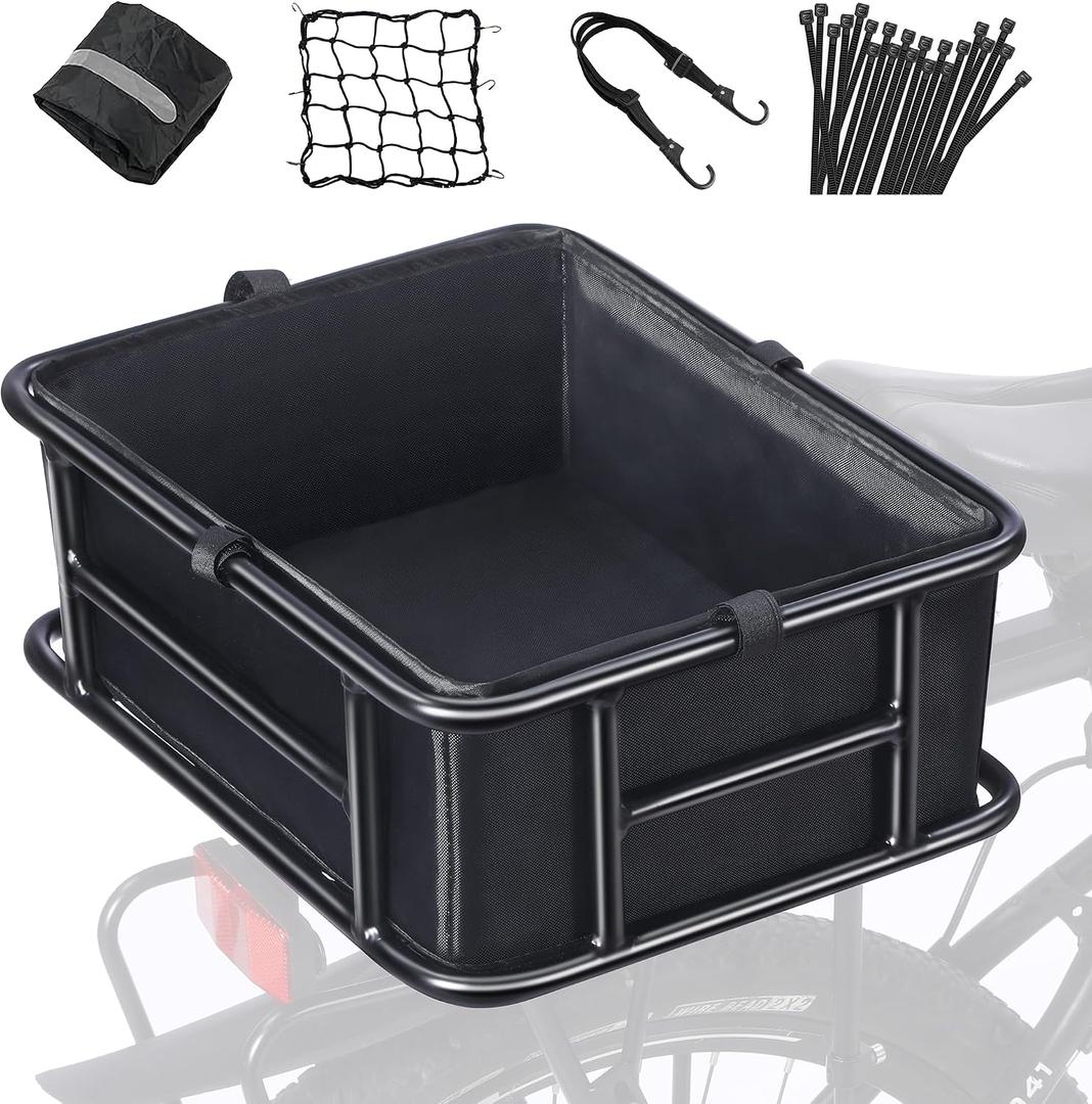 Bike Basket Rear with Liner,Large Bicycle Basket with Waterproof Cover,Bicycle Rear Basket with Cargo Net and Elastic Bungee Cord for Electric Bike, lightweight Aluminum Bike Basket