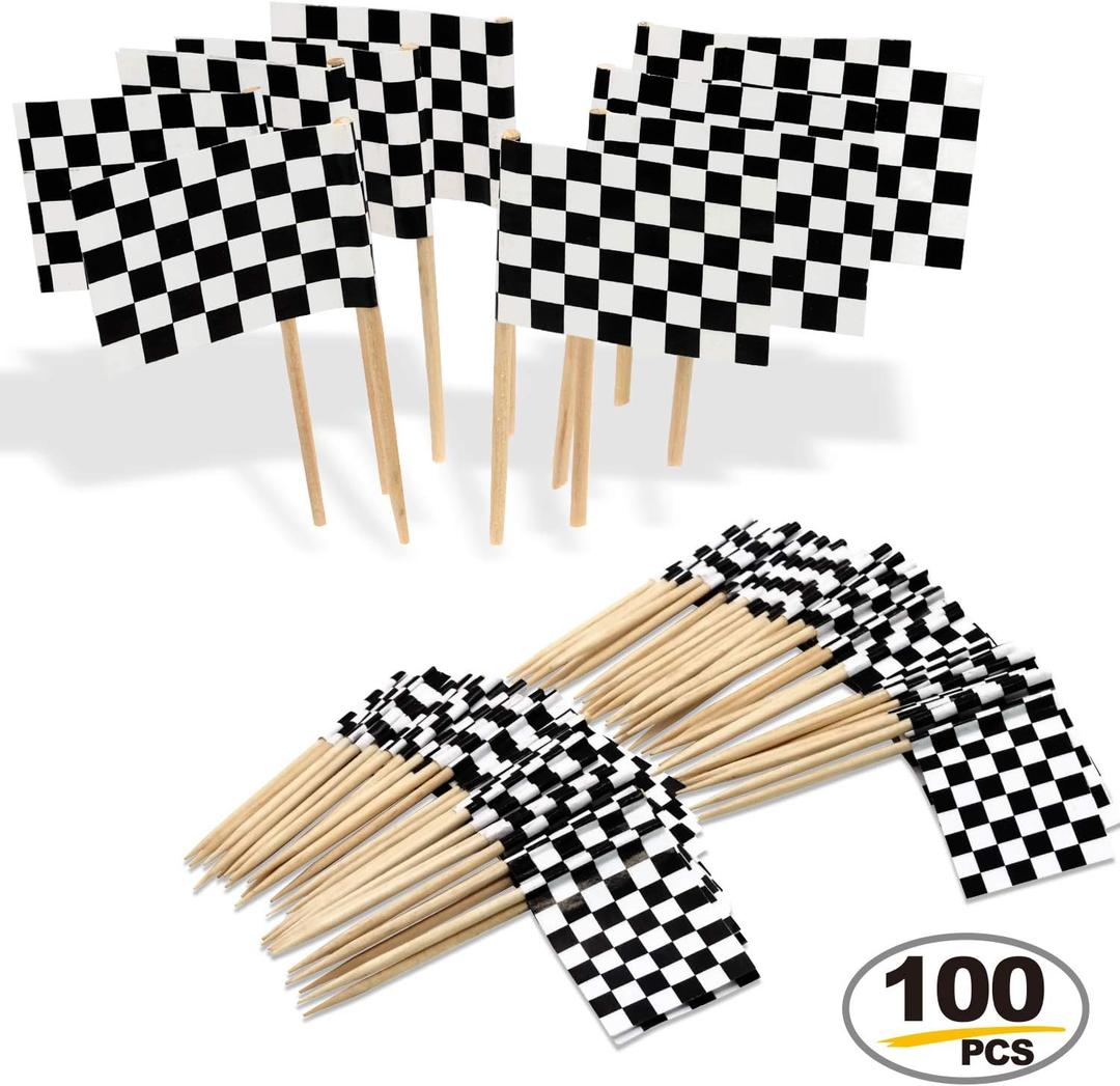 Anley Checkered Racing Flag Toothpick Cupcakes Toppers - Vivid Double Sides Print, Smooth Solid Pick - Party Birthday Decoration Cocktail Fruit Stick Toothpicks Race Car Cupcakes Toppers (100 pcs)