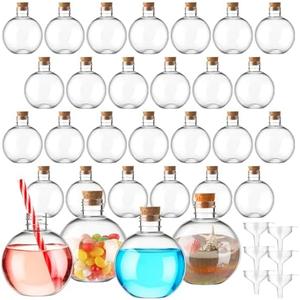 Jinei 30 Pcs 6 oz Ball Shape Plastic Sand Art Bottles Spherical Clear Plastic Potion Bottles Christmas Cocktail Ornament Balls for DIY Wedding Party Gift Crafts Decoration(Wood Color, Cork)