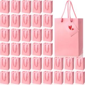 Sherr 50 Pcs Pink Gift Bags with Handles Tags 5.3 x 3.7 x 8.1 Inches Small Glossy Paper Bags Bulk Wedding Birthday Baby Shower Party Favor Gifts