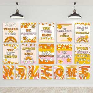JarThenaAMCS 17Pcs Retro Groovy Welcome Classroom Posters Hippie Rainbow Flower Motivational Posters Bulletin Board Decorations for Back to School Classroom Wall Art Decor