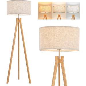 ELYONA Nordic Wood Tripod Floor Lamp, Modern Reading Standing Lamp for Living Room 3 Color Temperatures LED Bulb Included Flaxen Lamp Shade, Boho Natural Wooden floor lamp for Bedroom Office Kids Room