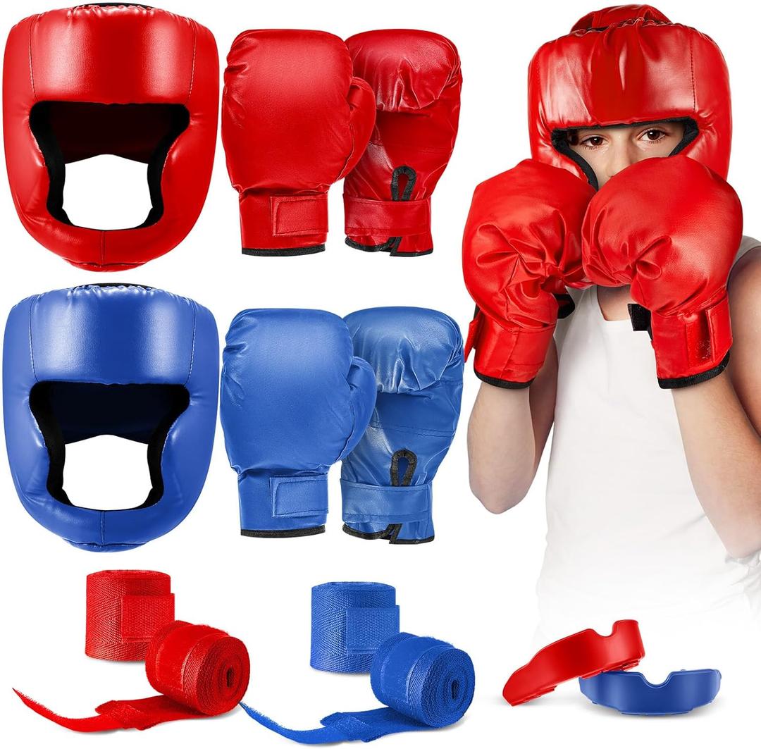 Kanayu 12 Pcs Kids Boxing Equipment Set for Beginners Ages 6-18 Years Including Boxing Helmet and Gloves Hand Wraps Sport Mouthguards Taekwondo Sparring Gear for Kids and Children (Blue, Red)
