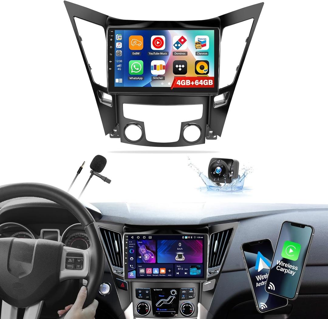 4+64G Android 13 Car Radio for Hyundai Sonata 2010-2015, 9'' HD 1280 * 720 Touchscreen Stereo with Wireless CarPlay Android Auto Mirror Link GPS Navi Bluetooth,WiFi,32EQ,SWC+Camera&Mic