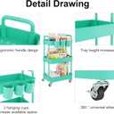 UDEAR 3-Tier Rolling Utility Cart,Multifunctional Storage Shelves with Handle and Lockable Wheels for Room,Office,Kitchen,Bathroom,with 3 Hanging Cups,Green