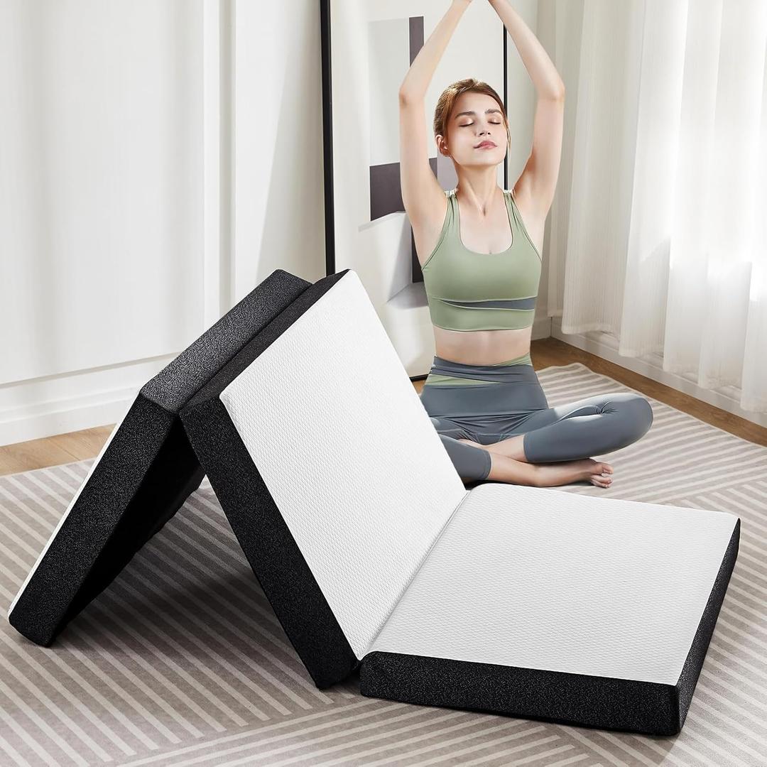 OLIXIS Tri-fold Memory Foam Mattress - 4 Inch Twin Size Portable Floor Bed, Foldable Mat for Kids and Adults, Collapsible and Washable Cover with CertiPUR-US Certified, for Travel & Camping & Yoga (White)