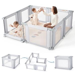 Sweeby Modular Baby Playpen, Customizable & Foldable Playpen for Babies and Toddlers with Easy Access Gate, Portable Indoor & Outdoor Play Yard, Adjustable Shape Kids Activity Center (71"x59", Grey)