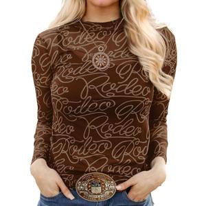 Urchics Womens Mock Neck Mesh Tops Western T Shirts Long Sleeve Layering Tops See Through Trendy Outfits Going Out Tops (X-Large, Rodeo-brown)