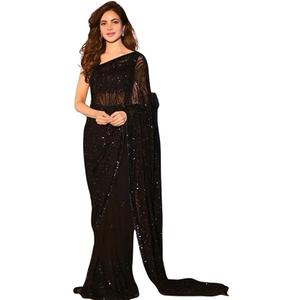 Women's Georgette Sequined Saree with Banglory Silk Blouse, Black - Sarees For Women S L Women's Georgette Sequined Saree with Banglory Silk Blouse, Black - Sarees For Women S L