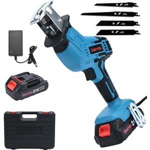 21v Cordless Reciprocating Saw, 2.0 Ah Battery Operated Reciprocating Saw With Charger, Hog Ring Anvil And 4 Pcs Blades For Wood Pvc Pipe Tree Cutting By SHINTYOOL