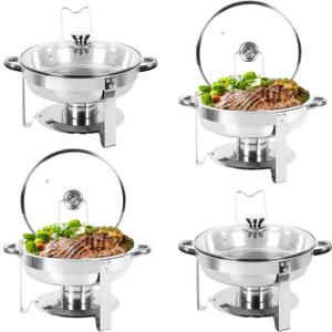 Chafing Dish Buffet Set of 4, 5QT Round Stainless Steel Chafer for Catering, Upgraded Chafers and Buffet Warmer Sets with Glass Lid & Holder, Frame, Fuel Holder for Event Party Wedding Holiday