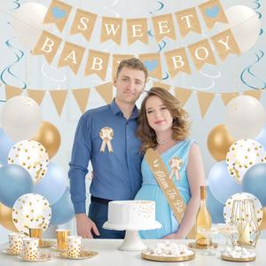 Joymee Blue Baby Shower Decorations for Boy Welcome Home Baby Boy with Burlap Sweet Baby Boy Banner, Dusty Blue and Gold Balloon, Rustic Pennant Banner Flags, Mom to Be Sash Dad to Be Pin for Gender Reveal Party Supplies