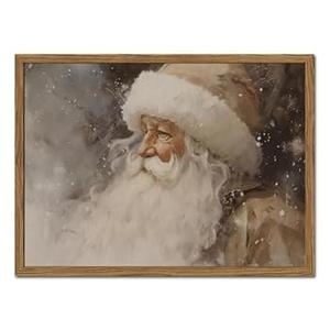 Vintage Santa Claus Christmas Wall Art, Winter Holiday Wall Decor Paintings, Rustic Neutral Canvas Prints Artwork Picture for Bedroom Living Room Farmhouse Mantel 16x24 inch Wood Framed