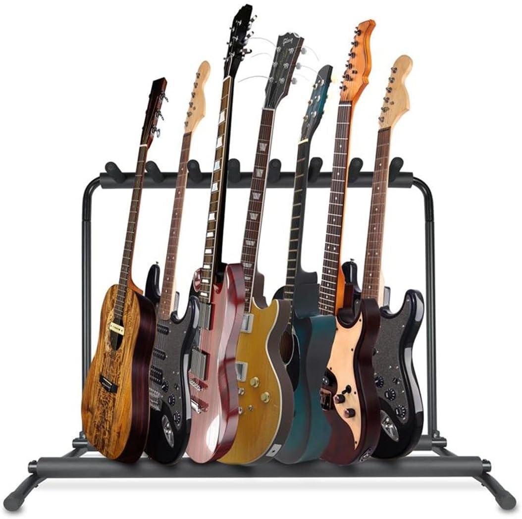 Pyle 7 Slot Multi-Guitar Stand  Universal Guitar Floor Rack for Electric, Acoustic, Bass Guitars, Ukuleles & Cases  Portable, and Protective with No-Slip Non-Scratch Padding  Black display rack