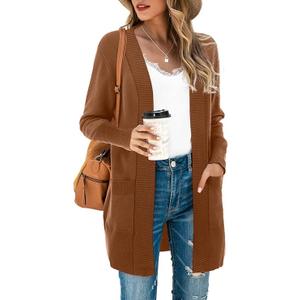 SUEANI Women's Open Front Casual Long Sleeve Knit Classic Sweaters Cardigan with Pockets(Large, Brown)