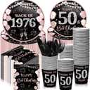 240 Pcs 50th Birthday Decorations Birthday Party Tableware Include Plates Napkins 9oz Cups Cutlery Anniversary Dinnerware Party Supplies for Men Women Him Her, Serve 30 Guests (Black Pink)