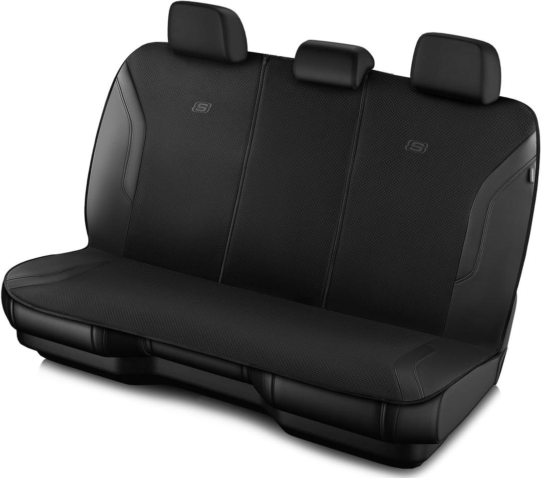 Skechers Memory Foam Car Seat Covers, Leather Seat Covers with Thick Memory Foam, Black Air Cool Rear Seat Covers, Automotive Comfort and Protection for Most Cars, Van,Trucks, SUVs (Rear,Black)