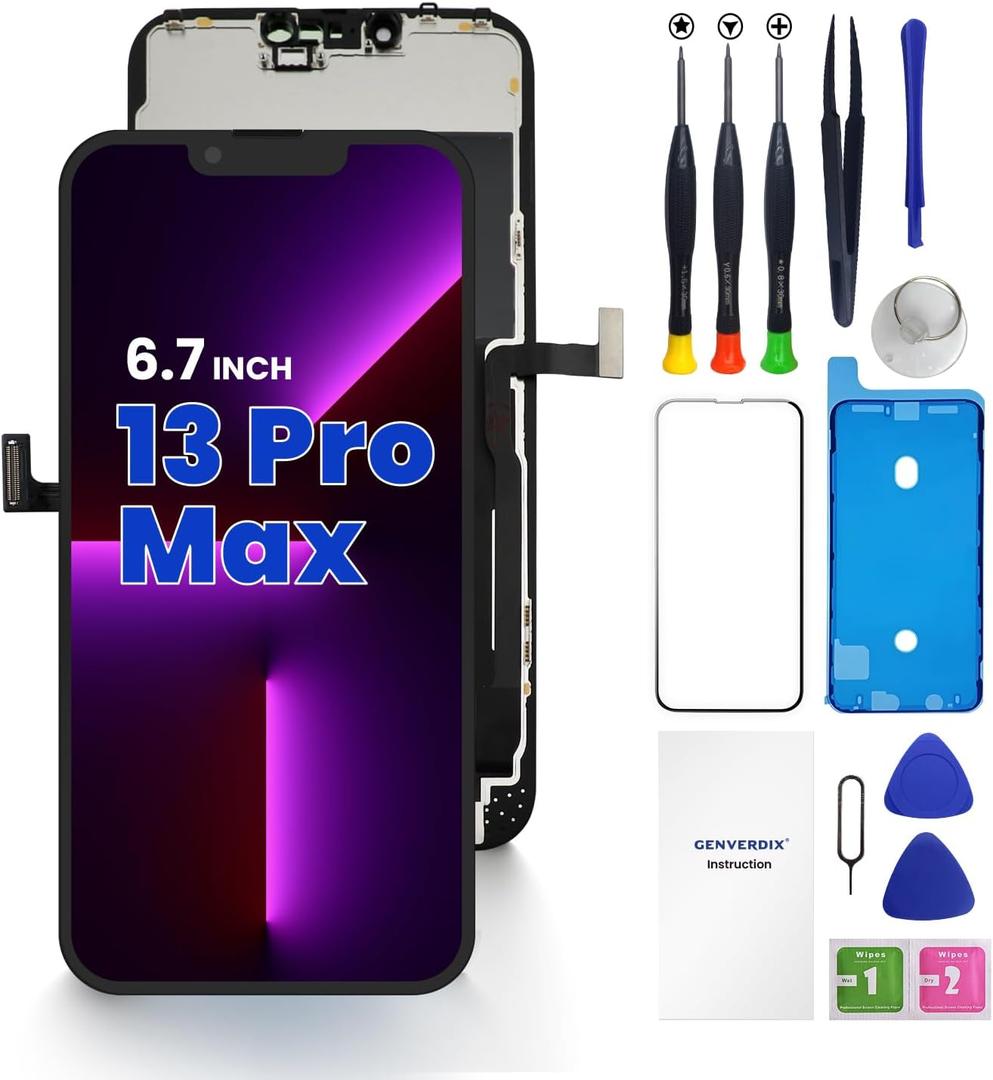 for iPhone 13 Pro Max Screen Replacement, 6.7 inch 3D Touch LCD Display Full HD Repair kit, Digitizer Assembly with Tools Set, Tempered Glass Screen Protector, Waterproof Frame Adhesive