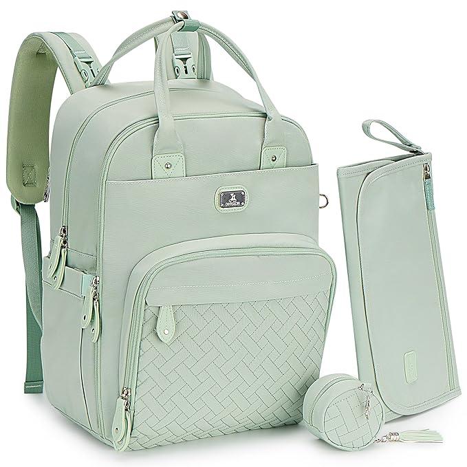 Dikaslon Diaper Bag Backpack with Portable Changing Pad, Pacifier Case and Stroller Straps, Large Unisex Baby Bags for Boys Girls, Multipurpose Travel Back Pack for Moms Dads, Mint Green