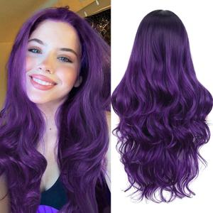 FAVE Ombre Wig - Long Curly Wavy Synthetic Wig with Dark Roots - Heat Resistant - Perfect for Daily Wear, Parties & Cosplay (28, 1B to Purple)