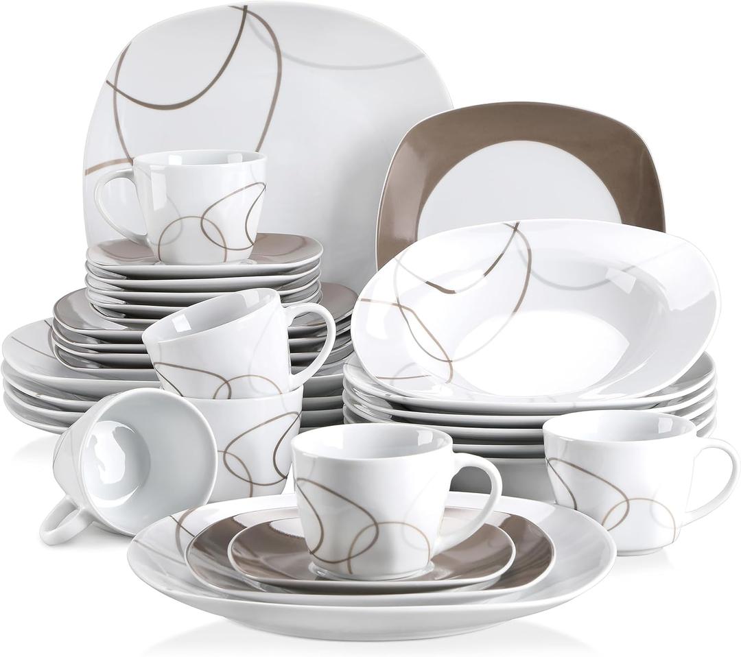 VEWEET 30 PCS Ceramic Dinnerware Sets for 6, White and Brown Dishes Set