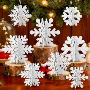 24 Pcs Christmas Snowflake Table Decorations 3D Wooden Snowflake Table Centerpiece Christmas Hanging Signs Tabletop for Xmas Wonderland Home Tiered Tray Winter Holiday Party Supplies(White)