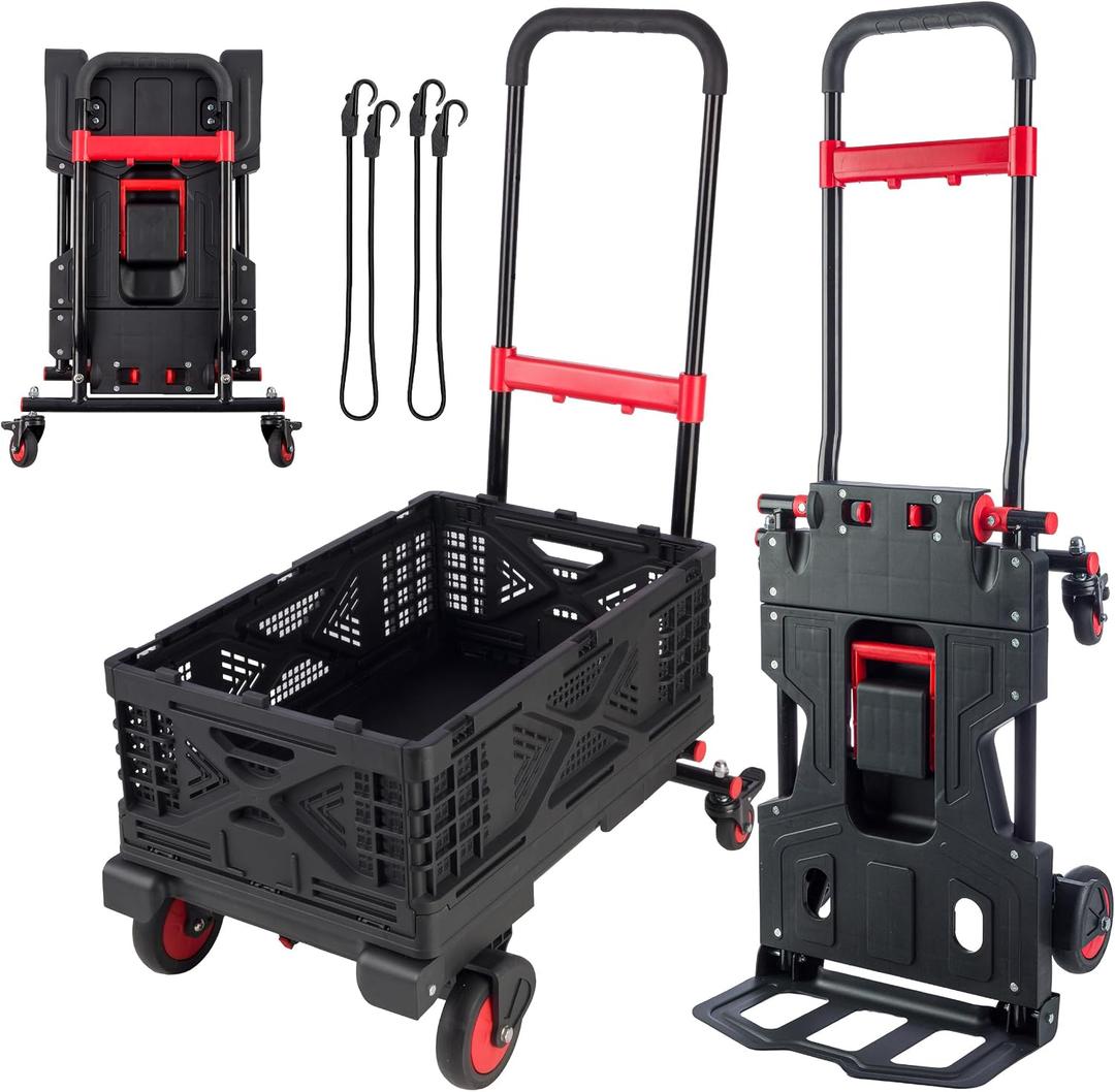 Stalwart 2-in-1 Folding Hand Truck Dolly Cart with Wheels and Basket