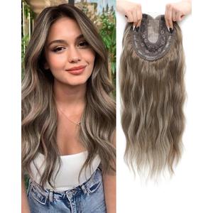 Hair Toppers for Women 20inch Wavy Hair Toppers for Women Toppers Hair Pieces for Women with Thinning Hair Ombre Highlight Synthetic Wig Clip In Hair Topper Wiglets with Fringe Bang Add Hair Volume (Highlights Dark Ash Brown)