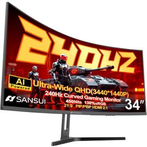 SANSUI 34 Inch 240Hz Ultrawide Curved Gaming Monitor UWQHD 34401440, 21:9 2K Curved Monitor 1500R,HDR400,Fast VA, PIP/PBP,AI Crosshair,AIPQ(Visual Enhance),MPRT 1ms,HDMI2.1*2,DP1.4*2(DP Cable Incl.)