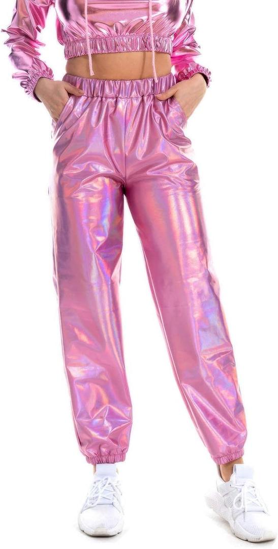 SIAEAMRG Womens Shiny Metallic High Waist Stretchy Jogger Pants, Wet Look Hip Hop Club Wear Holographic Trousers Sweatpant (Pink, S)
