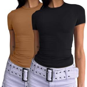 Dwnval Womens 2 Piece Sexy Casual Short Sleeve Crewneck Shirts Summer Slim Fit Cute Crop Tops (XL)